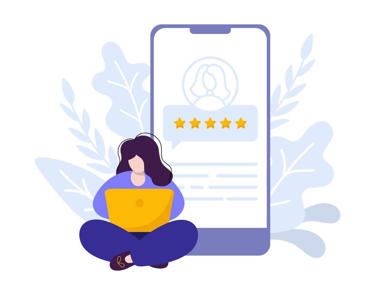 Vector woman with notebook online satisfied customer give rating 5 stars on phone. Flat people feedback illustration by giving 5 stars rating. Online shopping review