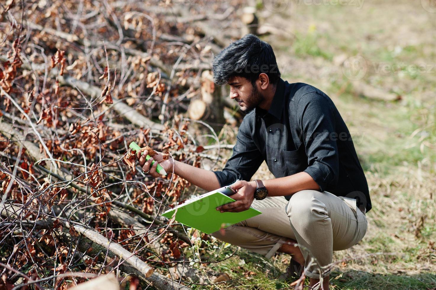 South asian agronomist farmer with clipboard inspecting cut trees in the farm garden. Agriculture production concept. photo