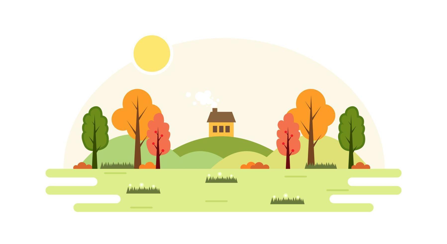 colina con una casa en la ilustración de vector de diseño plano de campo. paisaje rural de primavera. casa tradicional suburbana. Casa familiar. ilustración vectorial