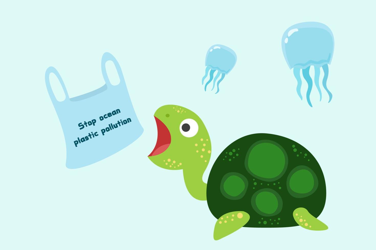 Plastic pollution in ocean environmental problem. Turtles can eat plastic bags mistaking them for jellyfish. vector illustration.