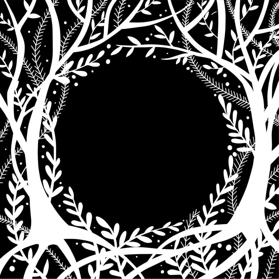 dibujo en blanco y negro, marco redondo con un bosque mágico de hadas. árboles ornamentales y hierbas. fondo para libros, postales. vector