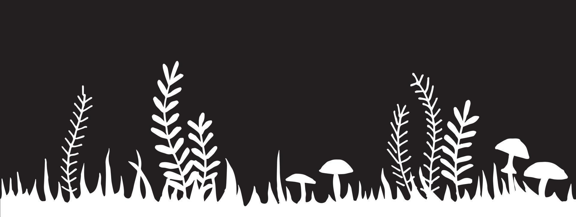 ilustración vectorial, borde sin costuras, fondo negro del marco del bosque de hadas. inversión dibujo en blanco y negro hierba, arbustos, setas. fabuloso, bosque mágico, diseño para halloween. vector