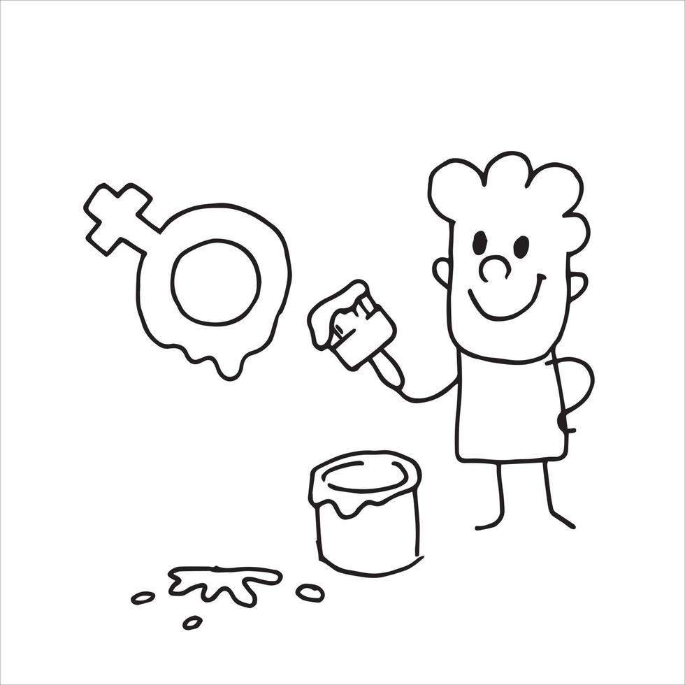 simple vector illustration in doodle style. character smiling man draws a sign of feminism. drawing a cartoon on the theme of equality, gender equality, non-dependence of women, feminism.