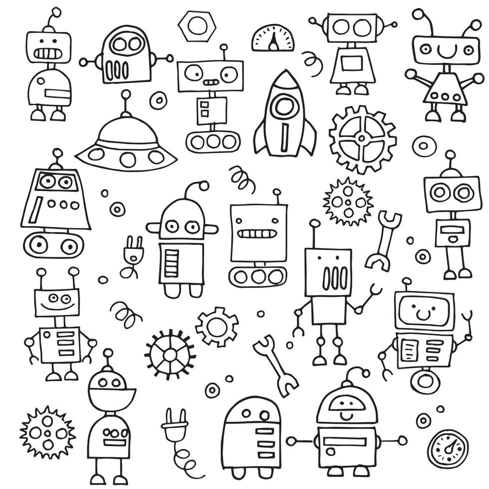patrón transparente de vector. dibujos en estilo garabato. lindos robots,  ilustración simple para niños. robots en blanco y negro, tecnología del  futuro 10393070 Vector en Vecteezy