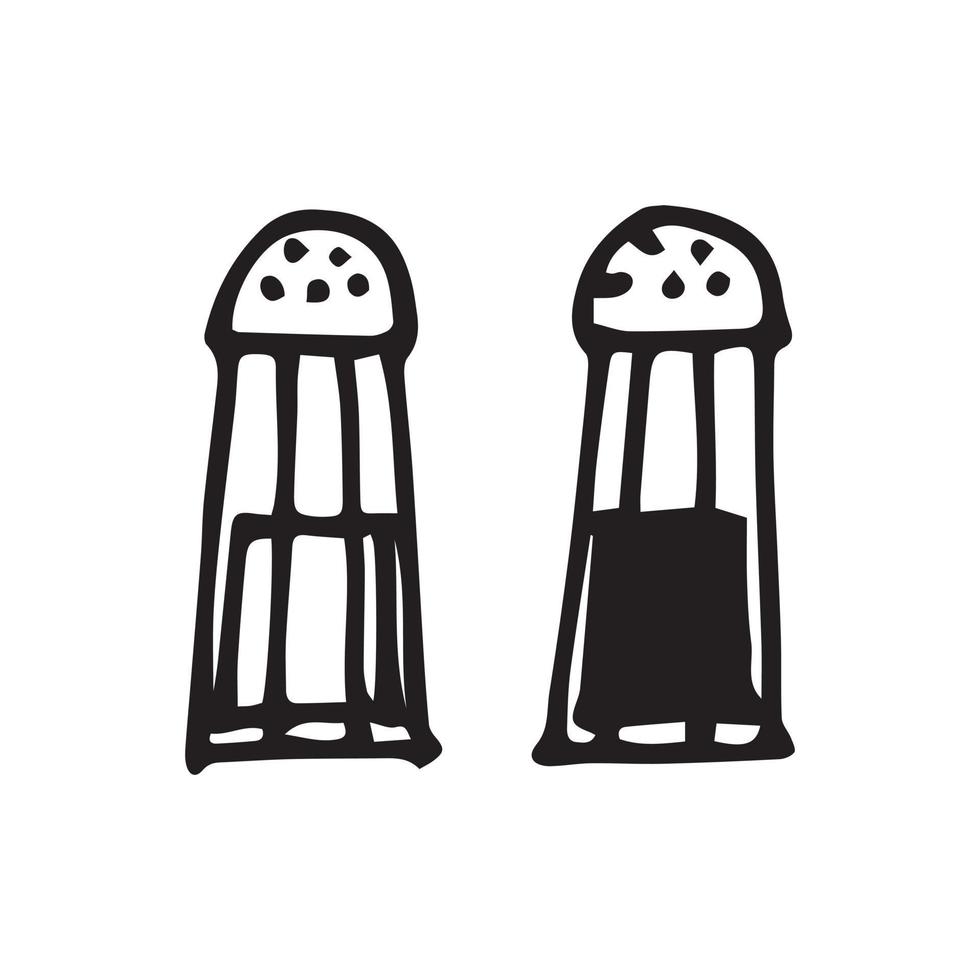 vector drawing in the style of doodle. salt shaker and pepper shaker. kitchen utensils, cutlery, salt and pepper. clipart isolated on white background