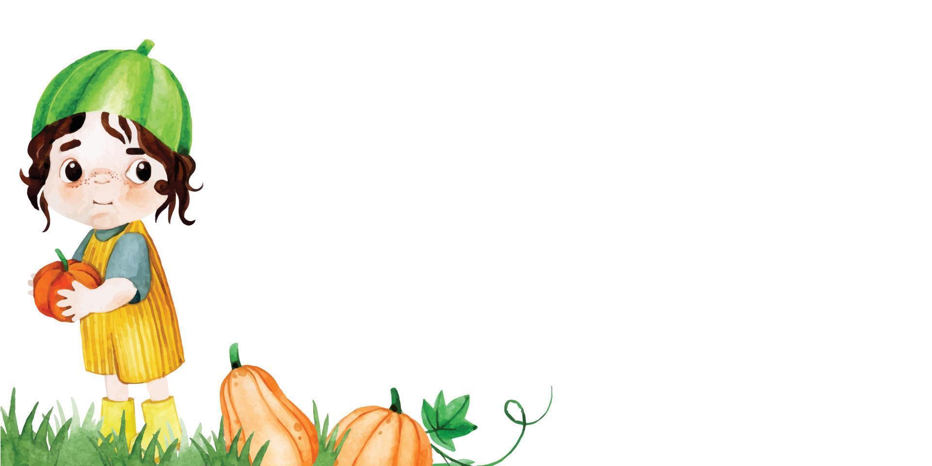 dibujo de acuarela, pancarta, marco sobre el tema del otoño, día de acción de gracias. lindo bebé disfrazado de calabaza, hierba verde y calabazas. Víspera de Todos los Santos vector