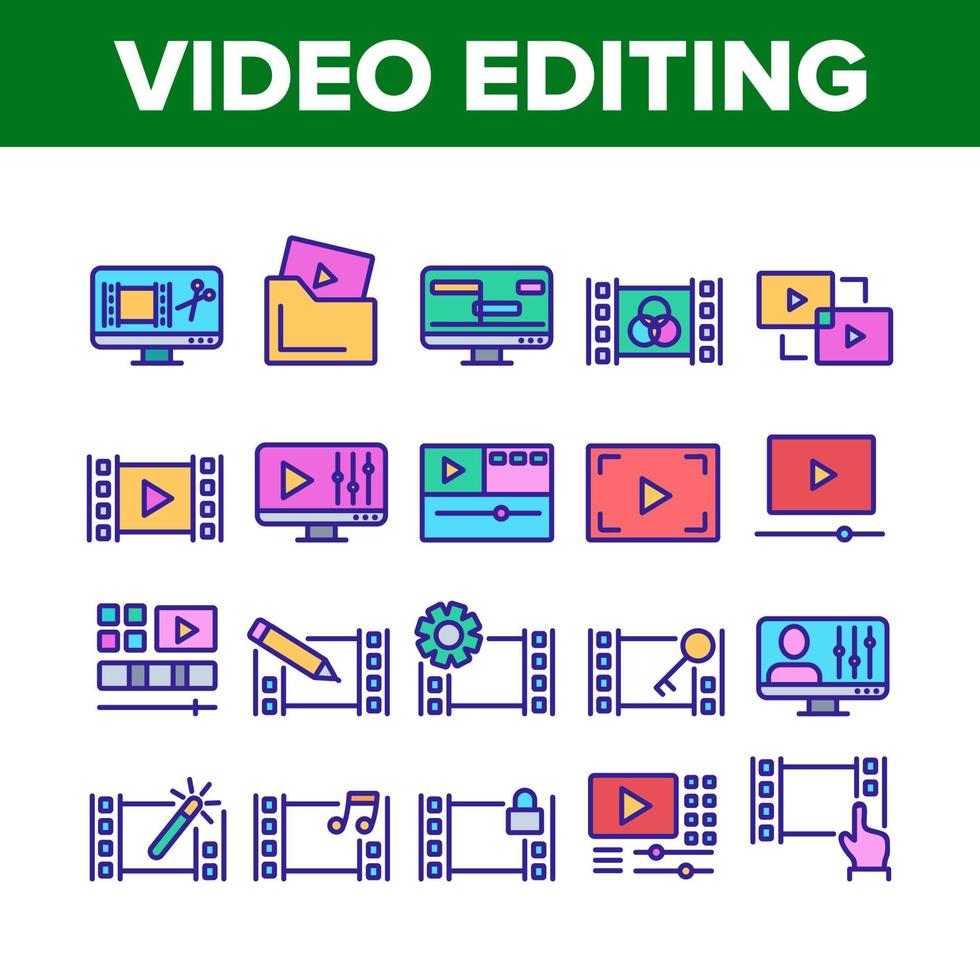 conjunto de iconos de colección de edición de archivos de video vector