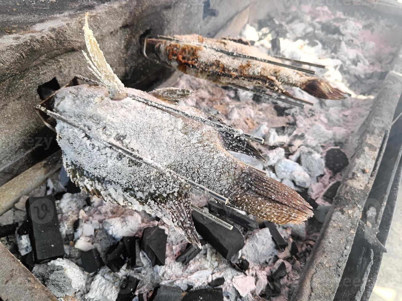 Grilled fish on charcoal grill photo