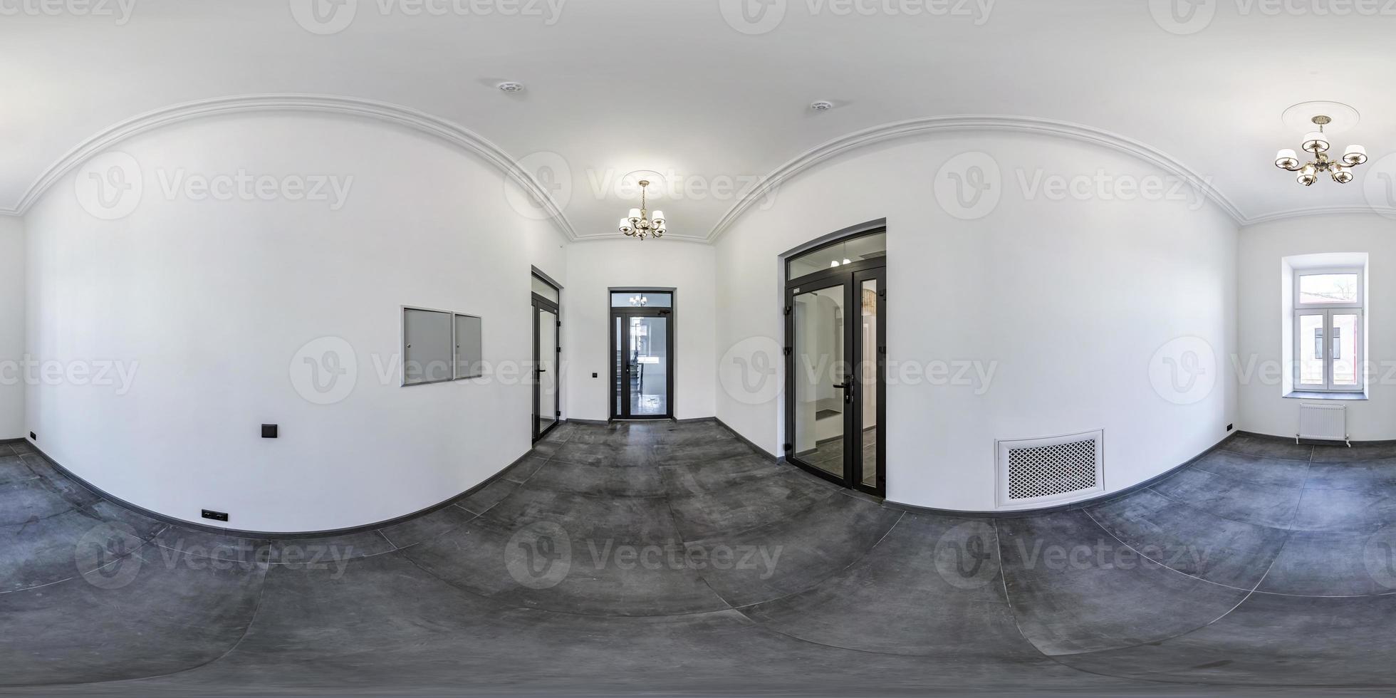 Empty room without repair in old building. full seamless spherical hdri panorama 360 degrees in interior of gray loft room office with panoramic windows in equirectangular projection photo