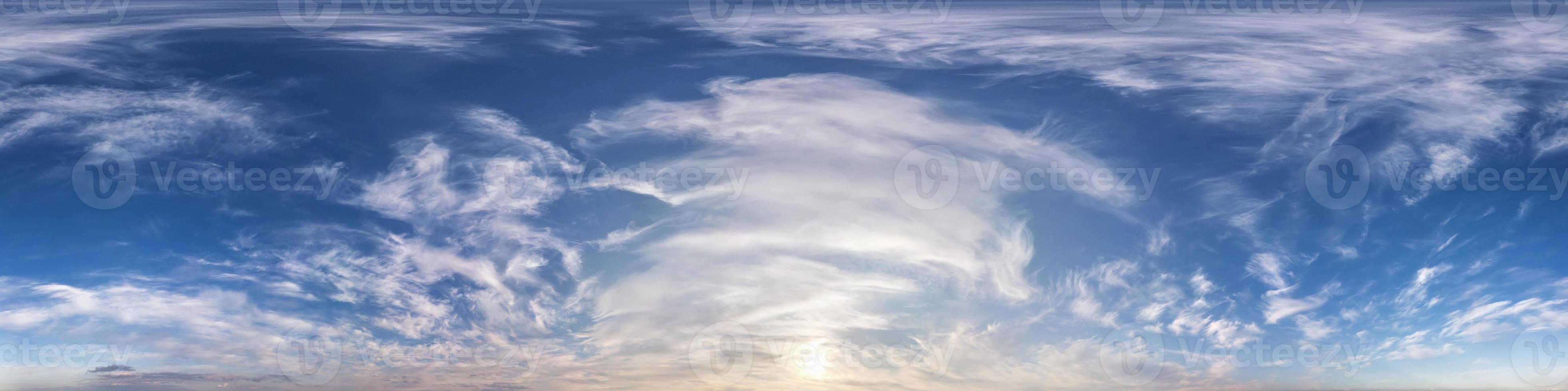 blue sky with beautiful fluffy clouds without ground. Seamless hdri panorama 360 degrees angle view without ground for use in 3d graphics or game development as sky dome or edit drone shot photo