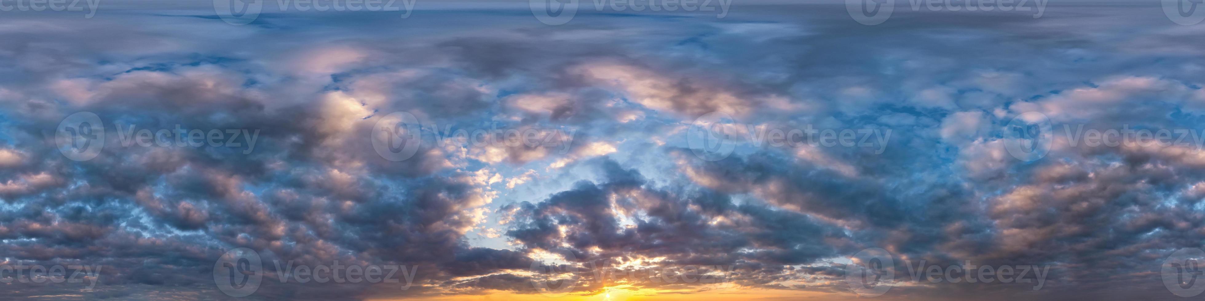 dark blue sky before sunset with beautiful clouds. Seamless hdri panorama 360 degrees angle view with zenith for use in 3d graphics or game development as sky dome or edit drone shot photo