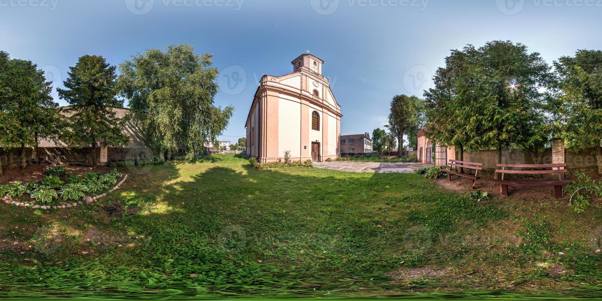 full seamless spherical hdri panorama 360 degrees angle view near neo gothic catholic church in small village in equirectangular projection with zenith and nadir, AR VR content photo