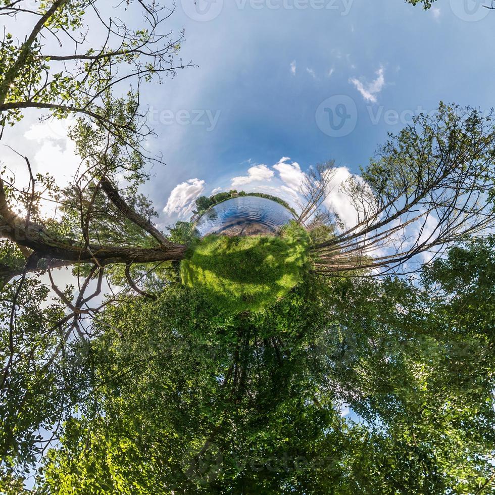 Little planet transformation of spherical panorama 360 degrees. Spherical abstract aerial view in field with awesome beautiful clouds. Curvature of space. photo