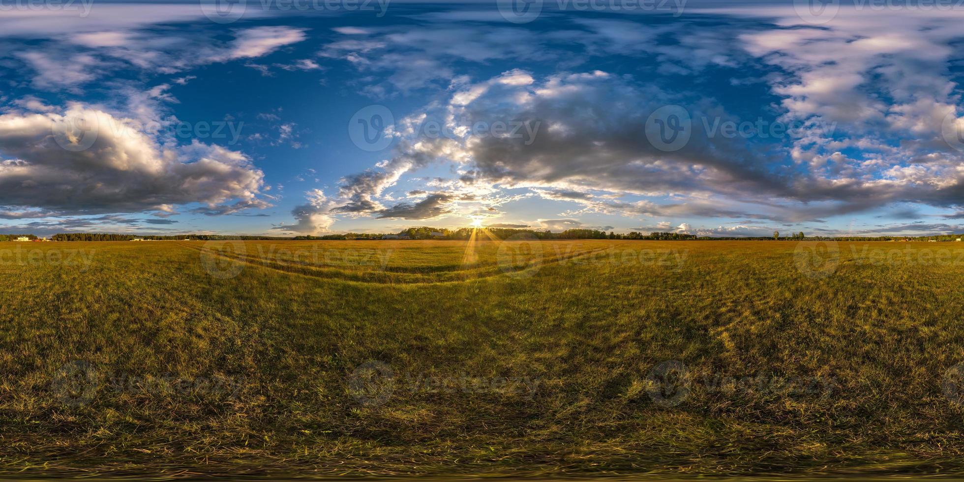 full seamless spherical hdri panorama 360 degrees angle view among fields in summer evening sunset with beautiful clouds in equirectangular projection, ready for VR AR virtual reality photo