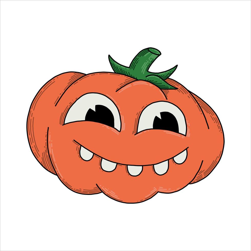 vector drawing in doodle style. halloween pumpkin. cute halloween illustration, 30s cartoon style.