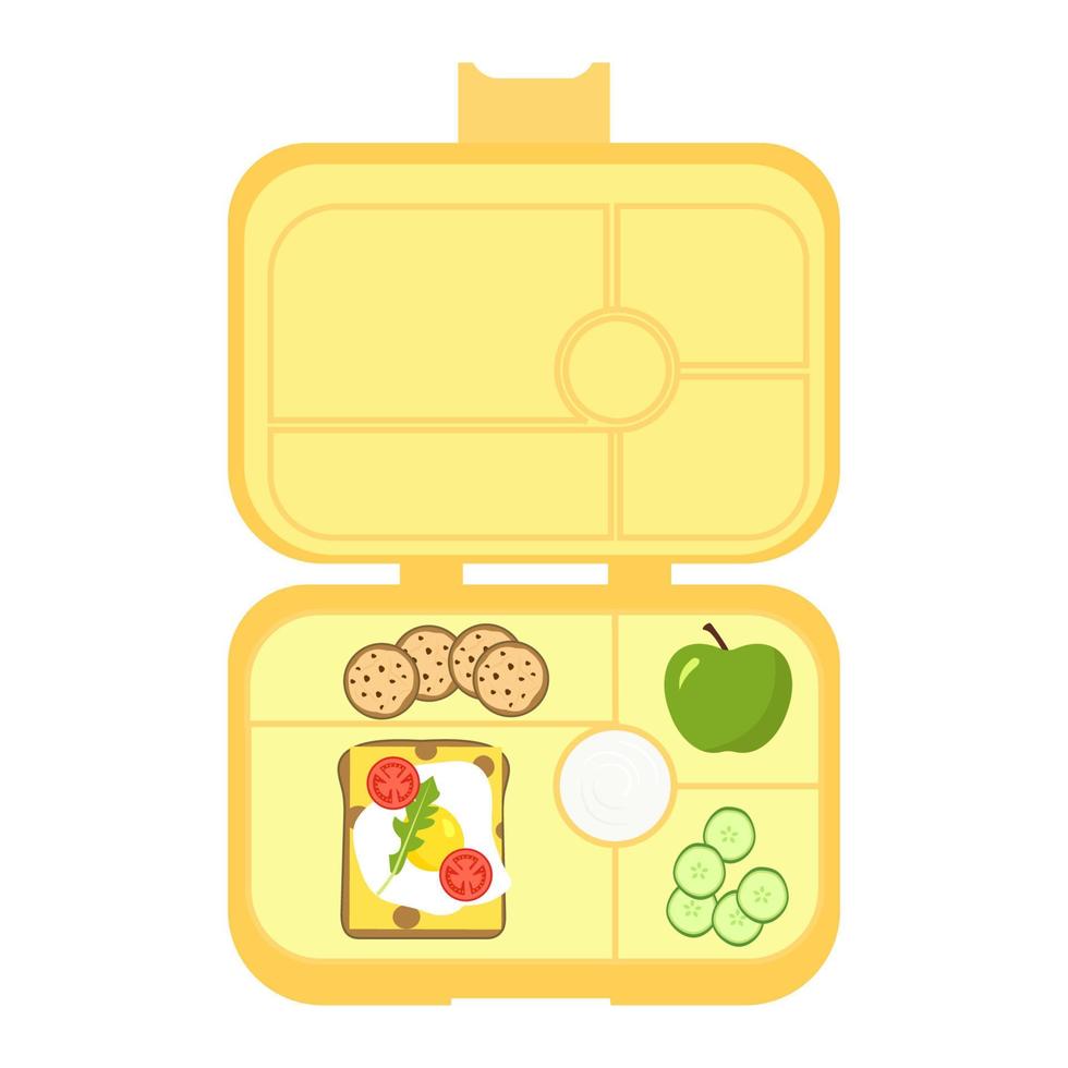 Lunchbox - meal container with sandwich, pear, eggs, ketchup,cookies.School meal, children's lunch. Healthy meals storage.Vector illustration in flat style, isolated on white background vector