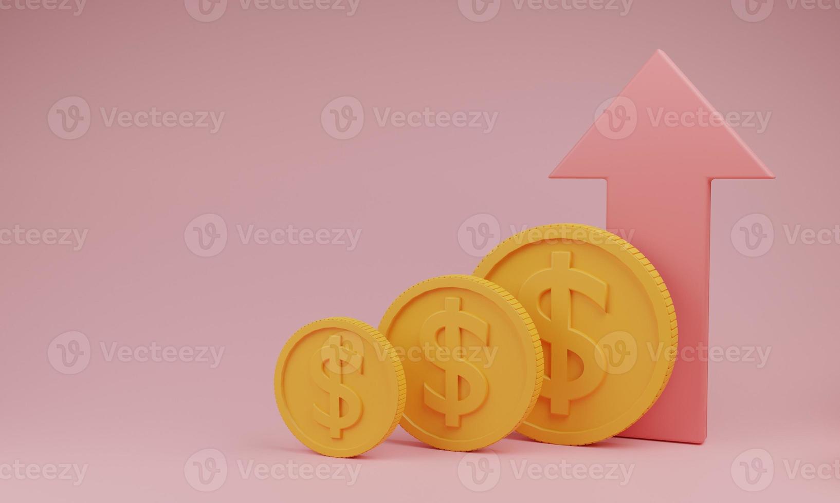 pink up arrow and coin on pink pastel background. Financial success and growth concept.Cashback and banking,money-saving.money transfer online,Isolate background.3D rendering illustration. photo