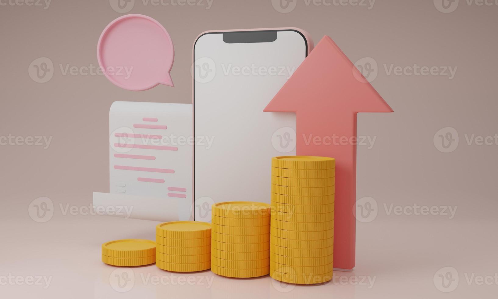 Smartphone and coins stack with up arrow,digital wallet.Shopping mobile app,gold arrows coinsCashback and banking,money-saving.Mock up empty screen copy space,Isolate background.3D rendering photo