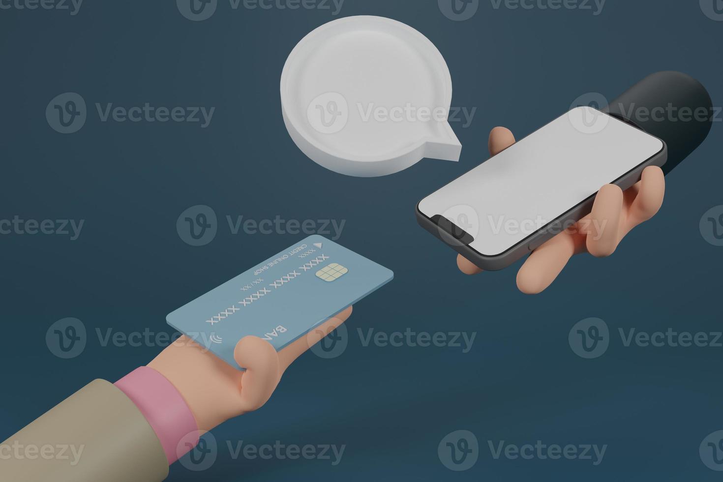 hand swap credit card and smartphone for online payment concept.Secure online payment transaction with smartphone.online buying,Cashless society.Internet banking via credit card on mobile.3D rendering photo