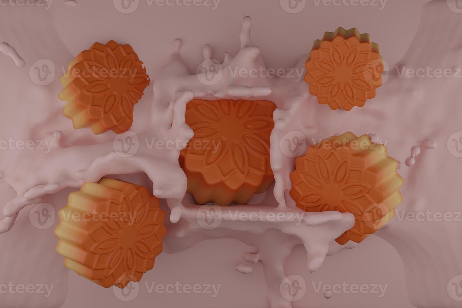 Mooncake with Milk splash design element,white abstract liquid background,3D rendering illustration photo