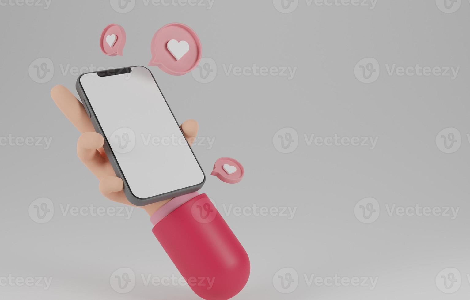 hand holding smartphone with minimal social media app.template photo optimization for social media,website and mobile phone device concep.3D rendering illustration.