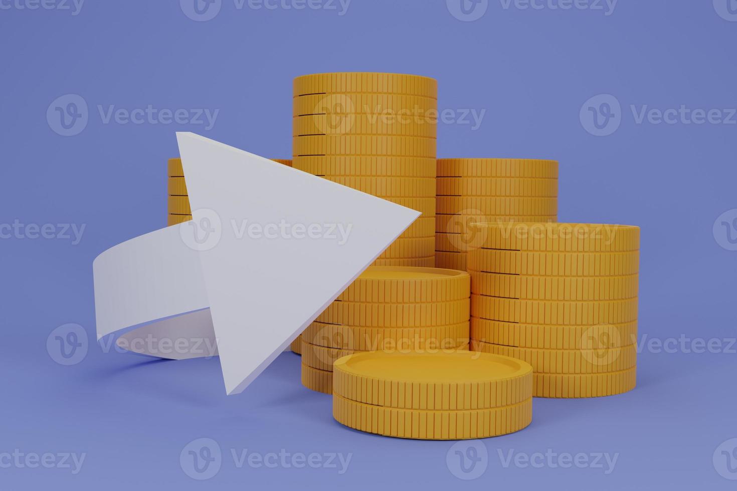 White arrow with coins stack,digital wallet.Shopping mobile app, gold arrows coins Cashback and banking,money-saving.Mock up empty screen copy space,Isolate background.3D rendering illustration. photo
