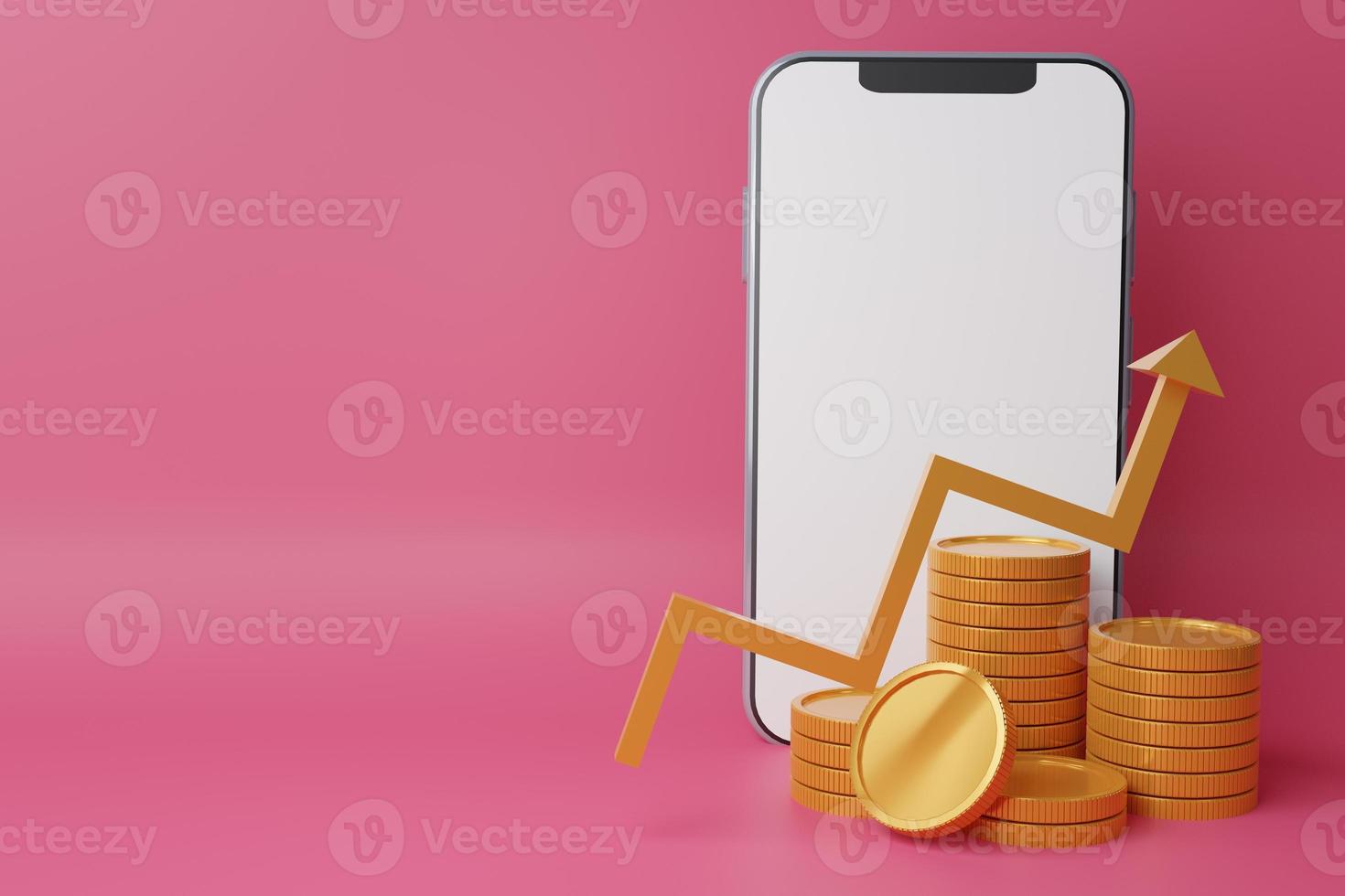 teléfono inteligente con pantalla en blanco y pila de monedas, billetera digital. aplicación móvil de compras, monedas de flechas de oro, devolución de dinero y banca, ahorro de dinero. simular espacio de copia de pantalla vacía, fondo aislado. renderizado 3d foto