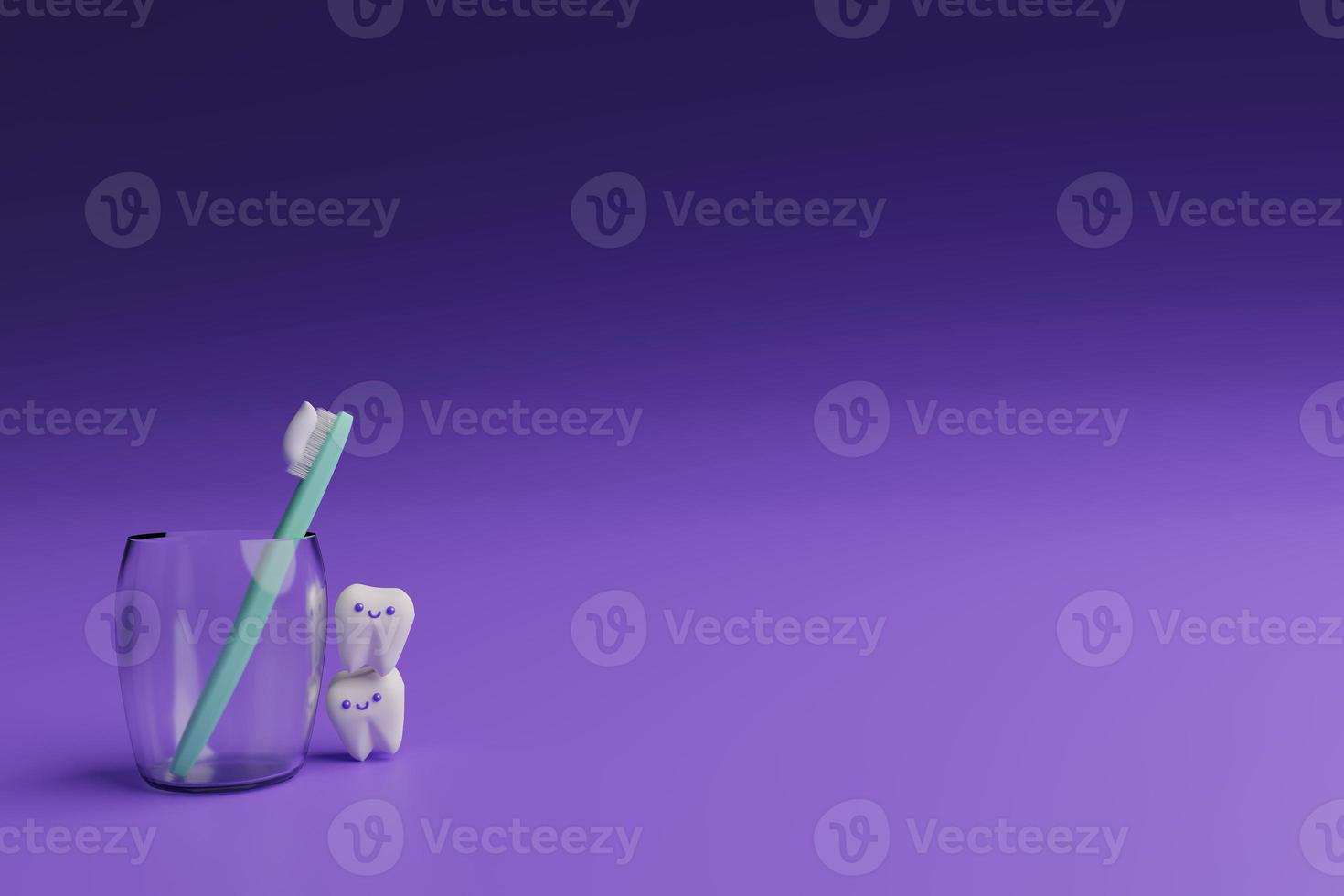 Cute cartoon 3D tooth and toothbrush in a glass render photo