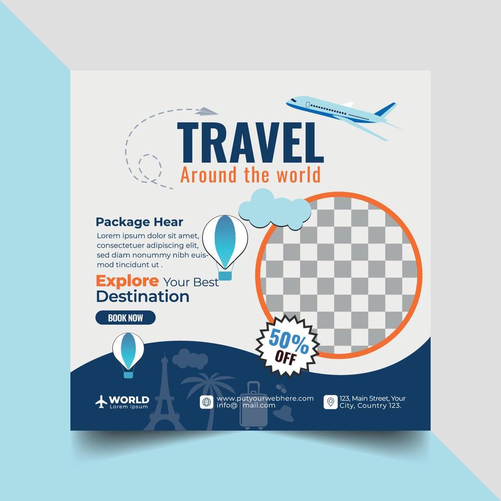 Tours And Travel Design For Flyer, Poster, And Banner Template. Concept For World Tourism Day. Summer Beach Travelling. Tourism Business Marketing Flyer Or Poster With Abstract Digital Background. vector
