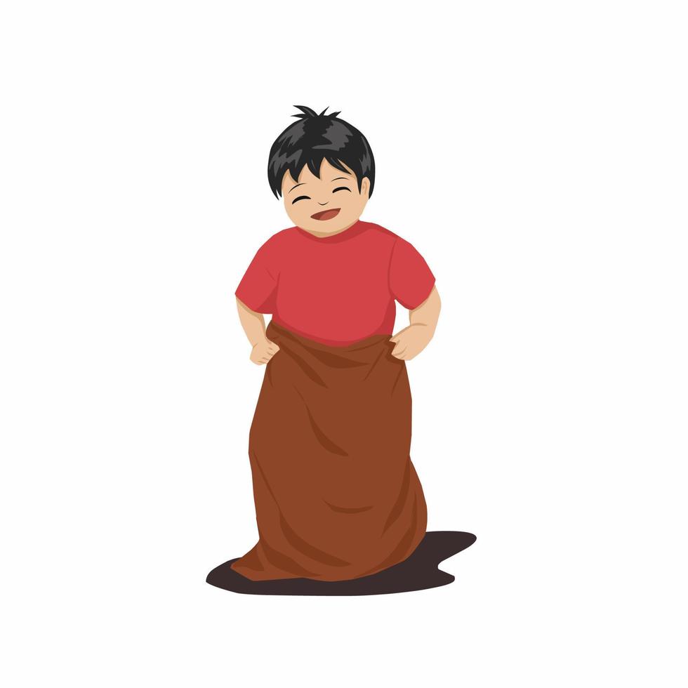 young boy doing sack race in celebration indonesia independece day 17 August vector