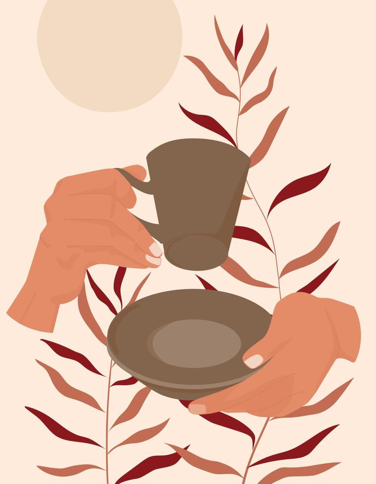 Hands with coffee mug. Poster in minimalist retro style. vector