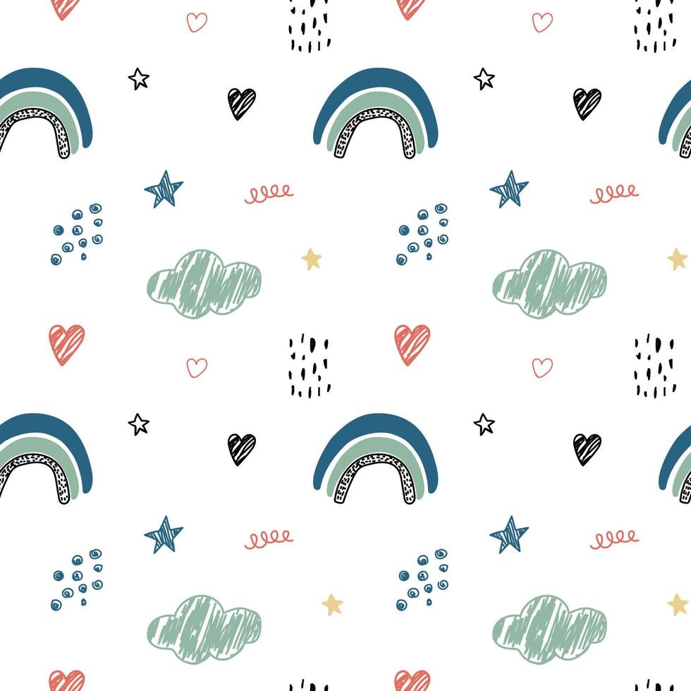 Cute kids seamless pattern with childish simple doodles of rainbow clouds. Vector illustration for baby textiles, prints and decor.
