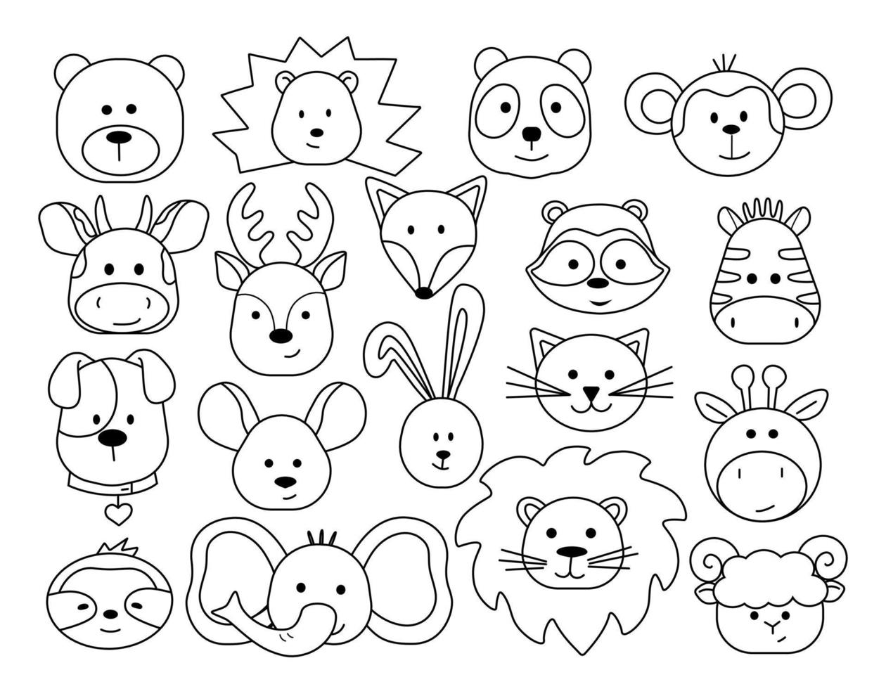 A set of animal heads in a childish cartoon style. Icons, simple outlines for decor, clip art, logo. Cute Fox, giraffe, elephant, lion, bull. Silhouette, sketch vector illustration.