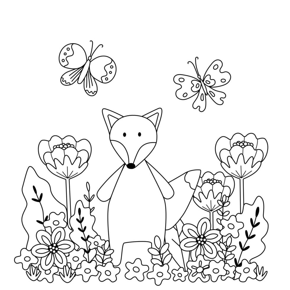 Childrens coloring book with a cute Fox among flowers and butterflies. Sketch, simple outline, template for a kids card. Vector illustration in cartoon style.