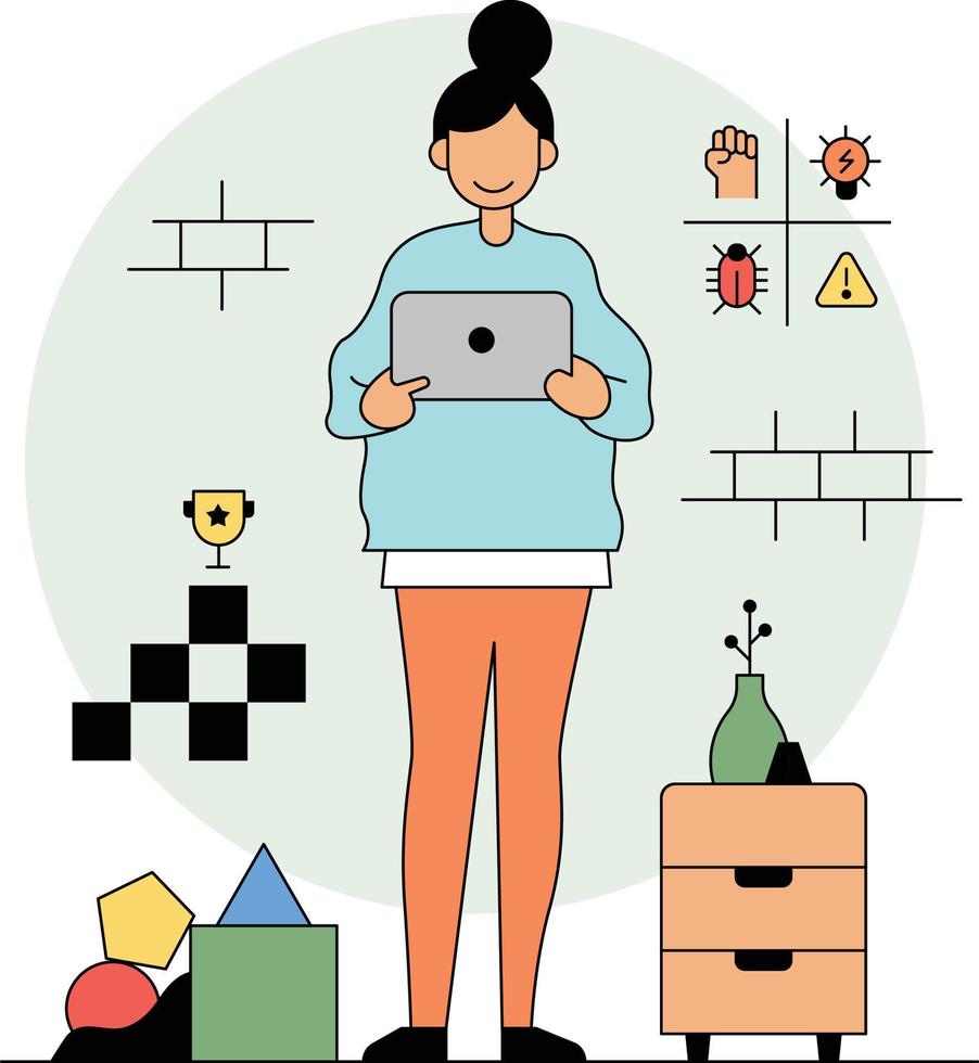 Woman standing with laptop and doing swot analysis vector