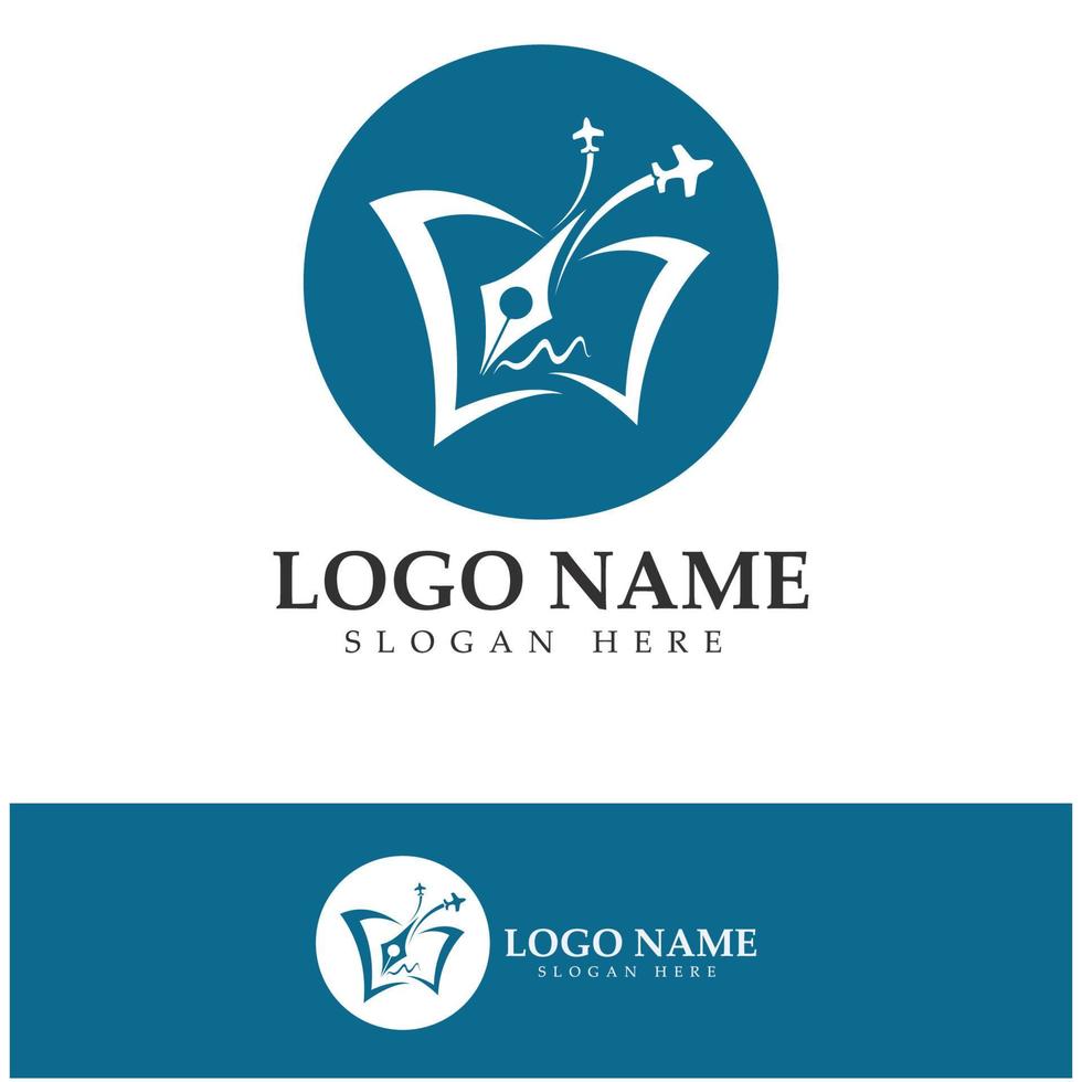 logotipo de blog de viajes de pluma de avión y plantilla de icono de vector de diseño de ilustración de libro