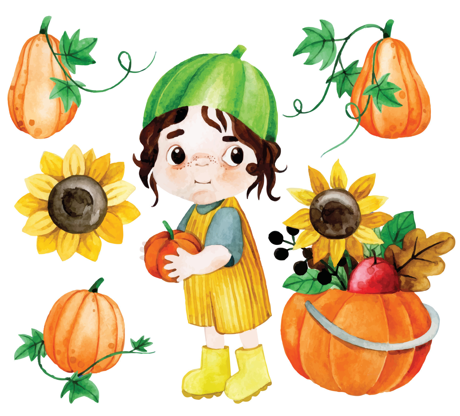 Image of Child sitting in a patch of sunflowers and pumpkins