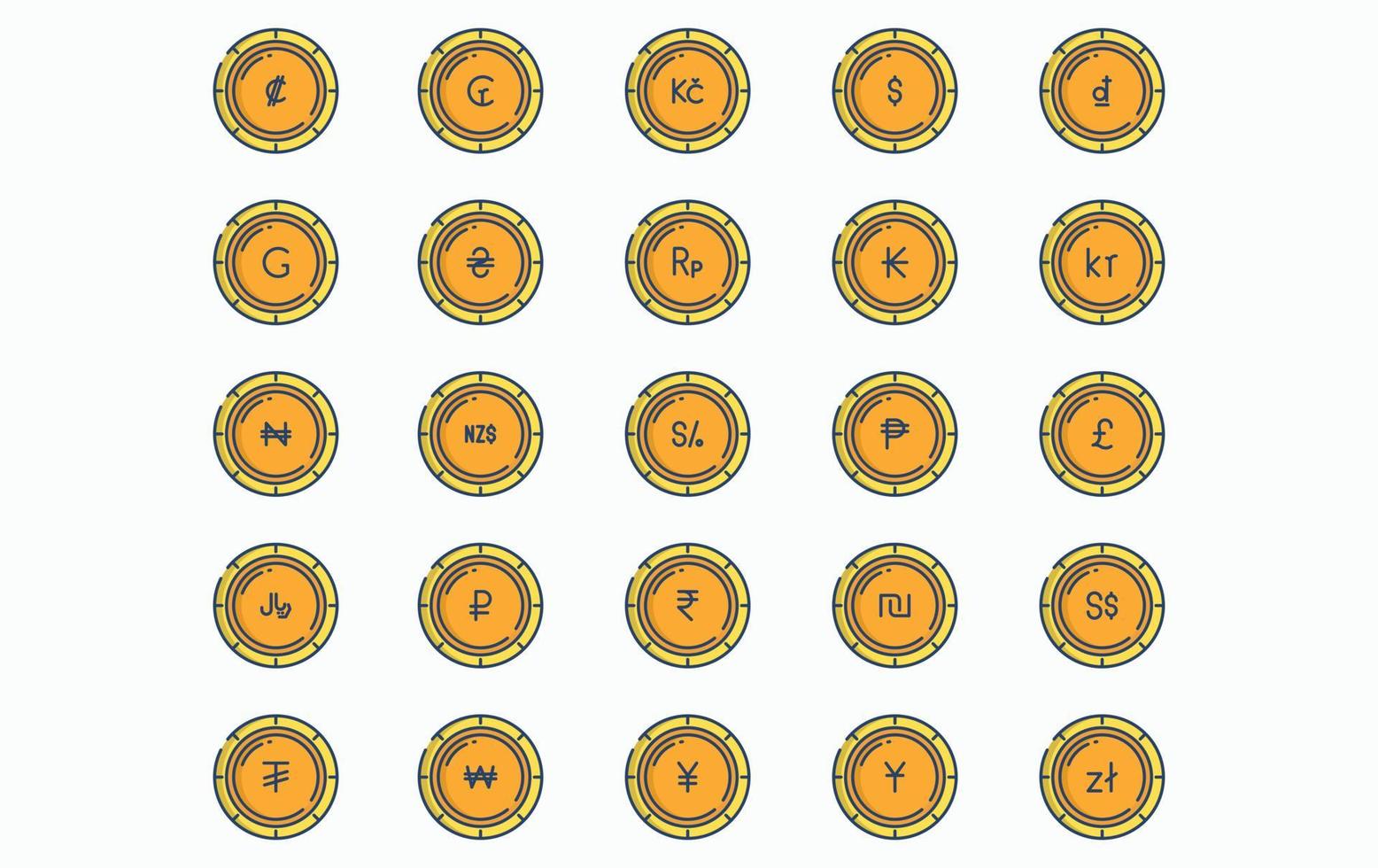 Variety of currency and coins icon set vector