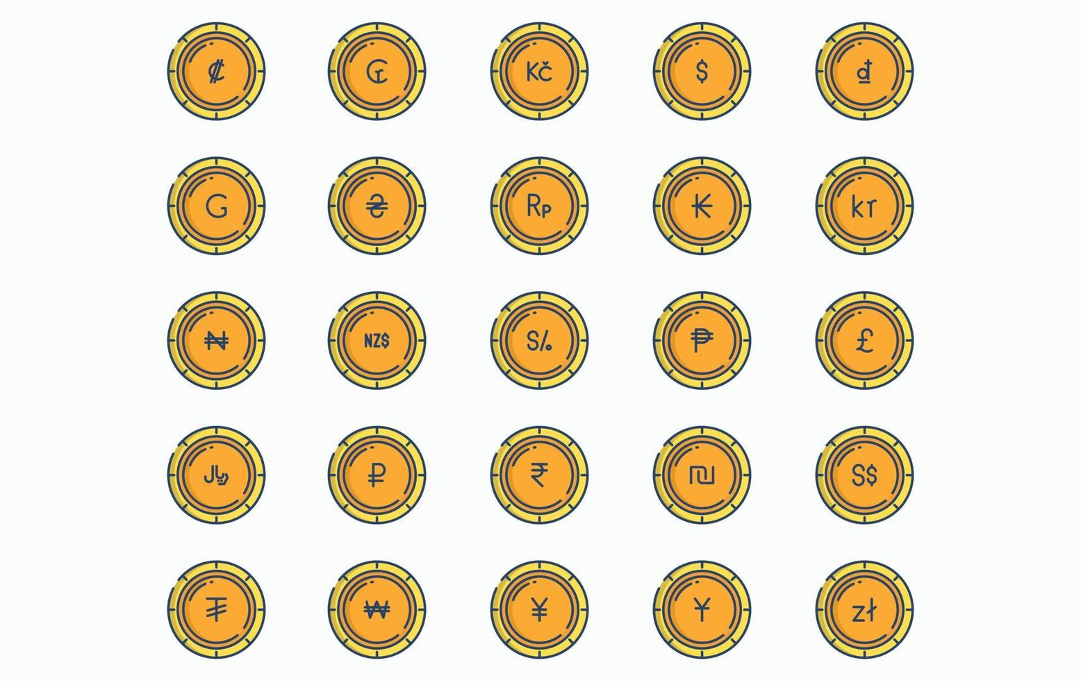 Variety of currency and coins icon set vector