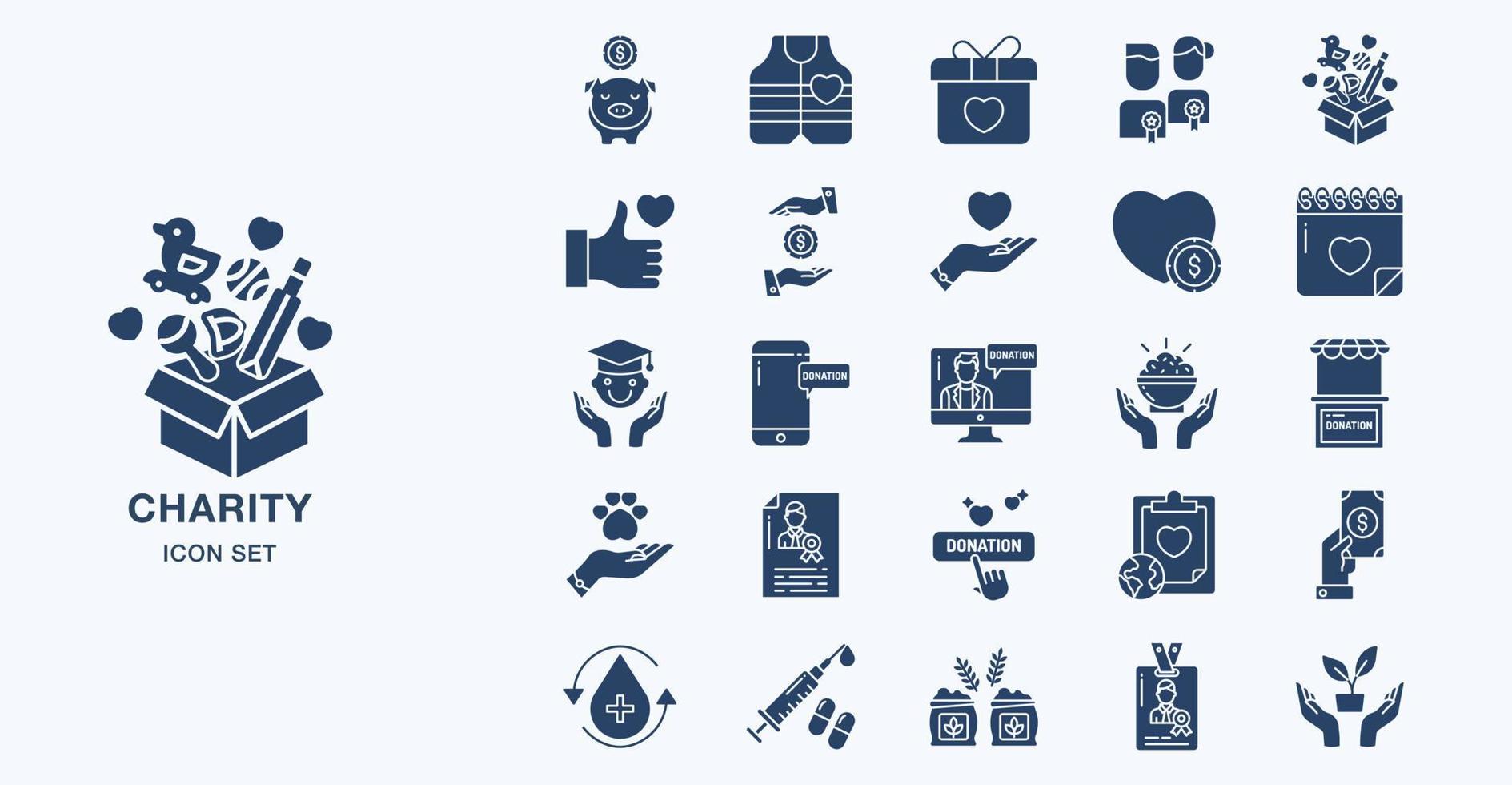 Donation and Charity solid icon set vector