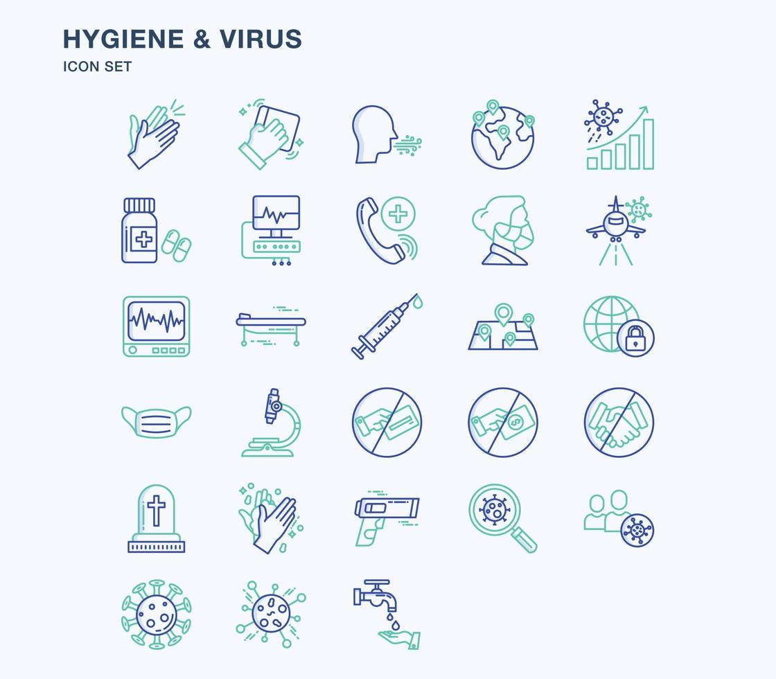 Hygiene and covid virus outline coloured icon set vector