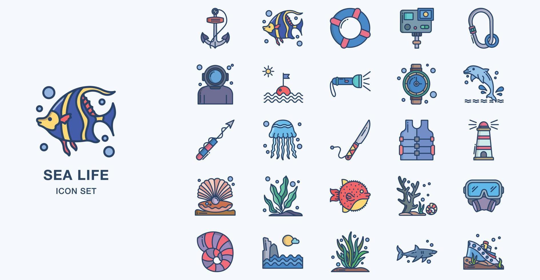 Sea Life linear coloured icon set vector