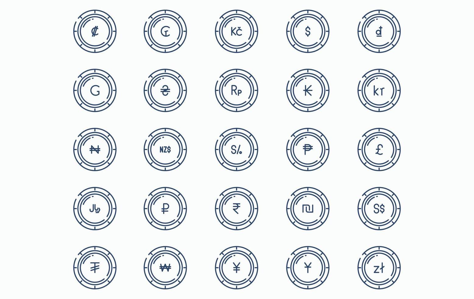 Variety of currency and coins icon set vector