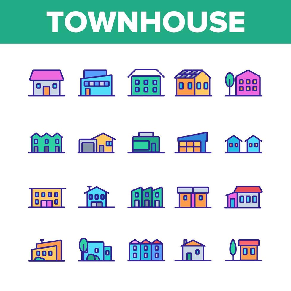 Townhouses, Residential Buildings Vector Linear Icons Set