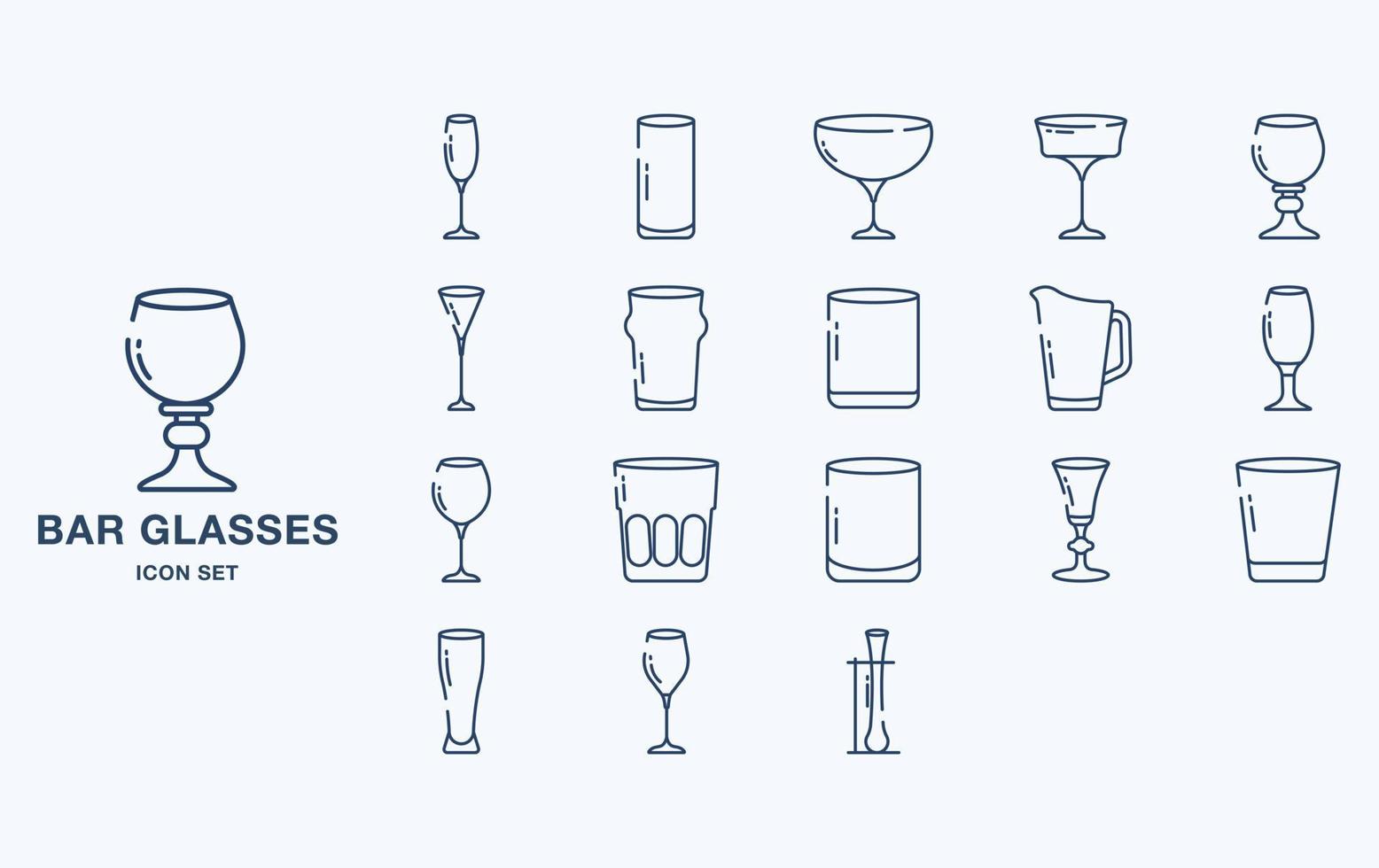 Variety of Bar and restaurant glasses icon set vector