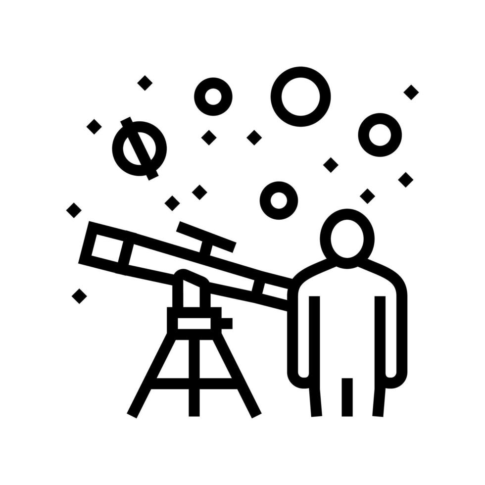 astrónomo mirando en el telescopio en la ilustración de vector de icono de línea de estrellas