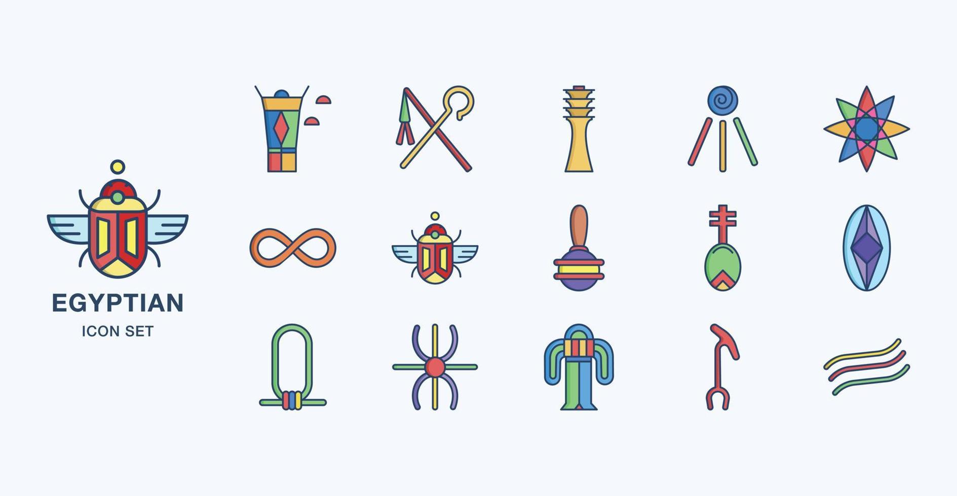 Ancient Egyptian symbols linear coloured icon set vector