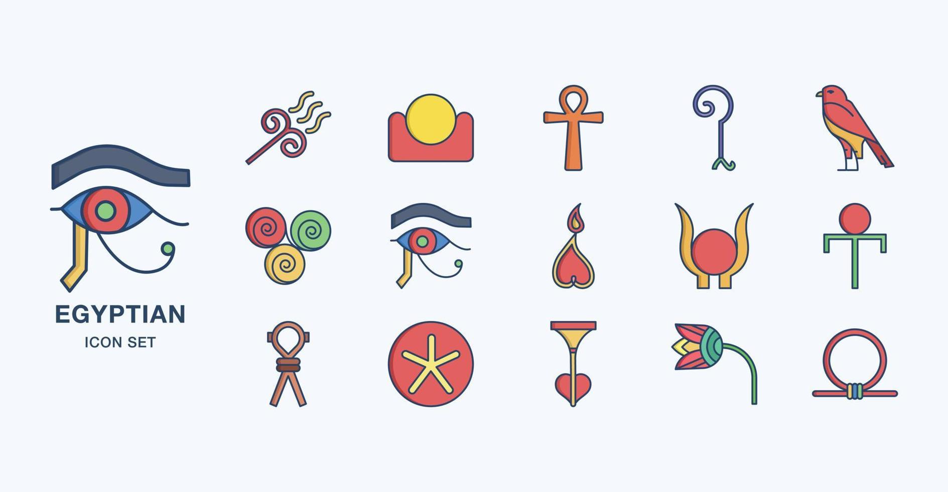 Ancient Egyptian symbols linear coloured icon set vector