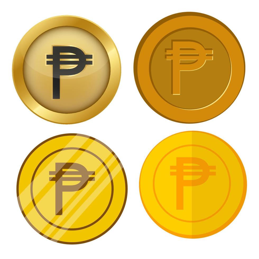 four different style gold coin with peso currency symbol vector set