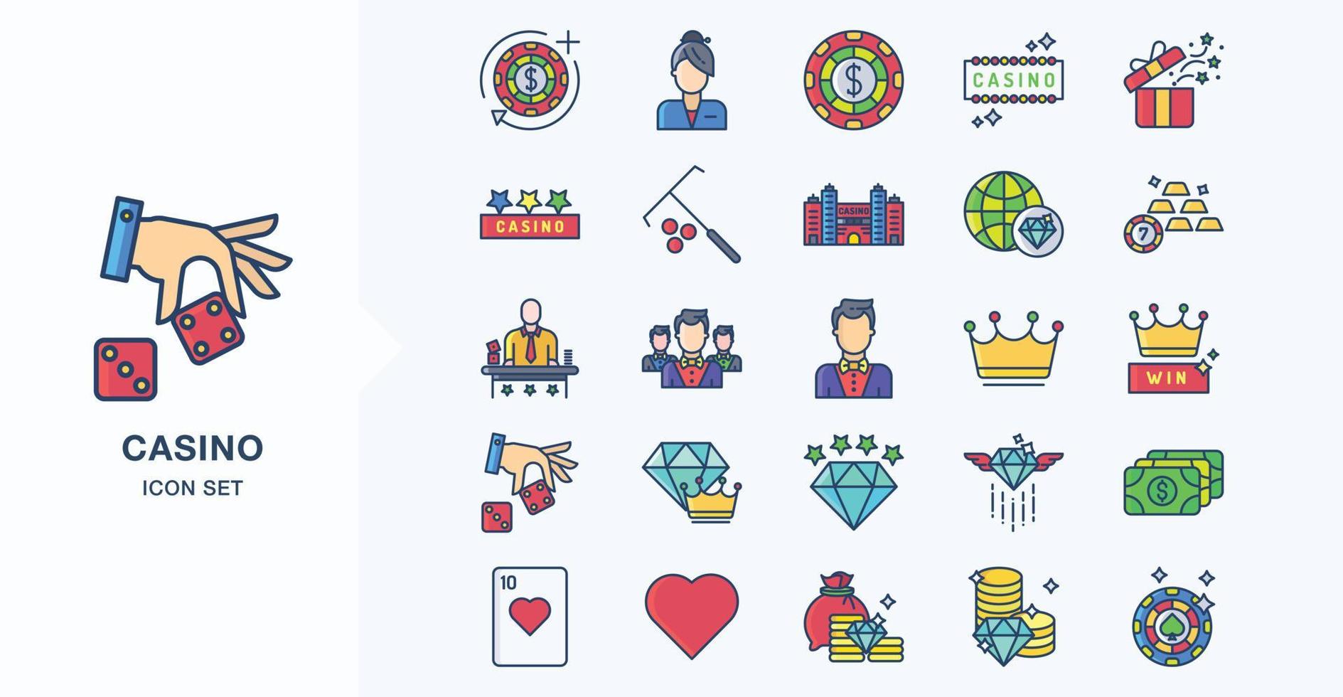 Casino and gambling linear coloured icon set vector